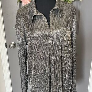 Anthropologie Silver Black Metallic Long Sleeve Shirt Size Large-Pillcro